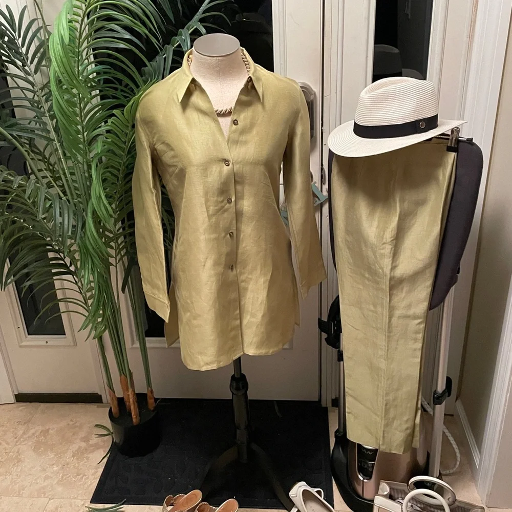 Sigrid Olsen Chartreuse Silk Linen Pantsuit Set Extra Small/4P Pristine 🌴 ✨✨ - Picture 5 of 16